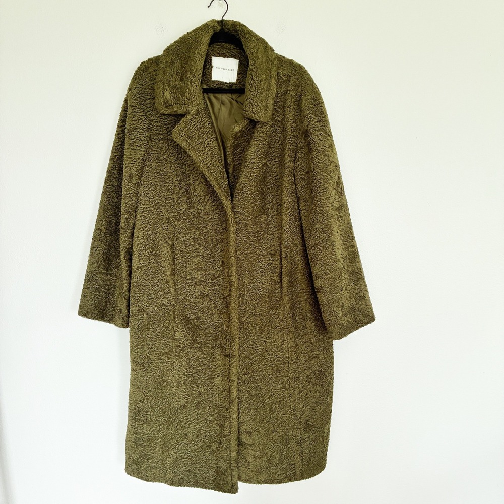 American Eagle Sherpa Coat Women L Green Faux Fur Teddy Jacket Oversize Longline